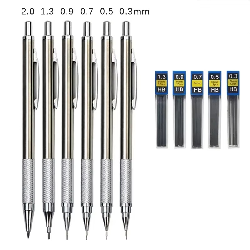 Mechanical Pencil 0.3 - Zestaw metalowych ołówków mechanicznych 0.3/0.5/0.7/0.9/1.3/2.0mm do